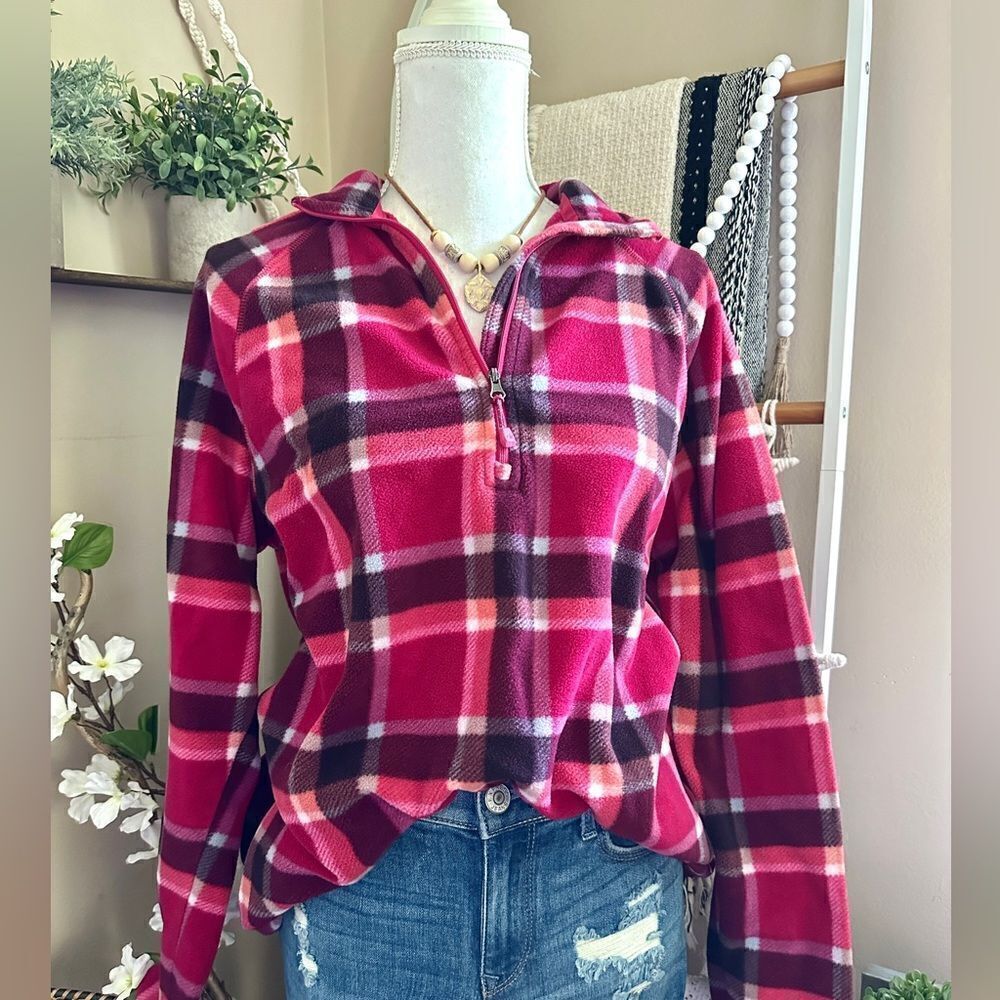 Eddie Bauer Pink/Orange Plaid Quarter Zip Fleece Pullover Sweatshirt